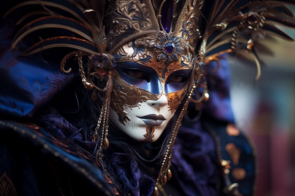 A person adorned in a richly detailed and colorful carnival costume, complete with an elaborate