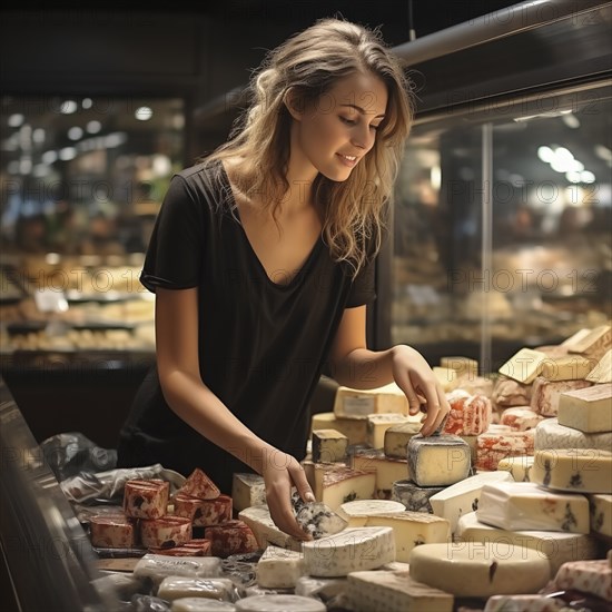 Young woman shopping in supermarket, at the cheese counter, meat counter, fruit stand, bakery, fish