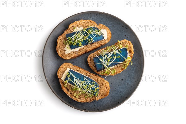 Bread sandwiches with blue lavender cheese and mustard microgreen isolated on white background. top