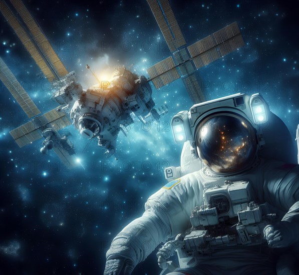 Science fiction, Space travel, An astronaut in a spacesuit floats in zero gravity in space, Space,