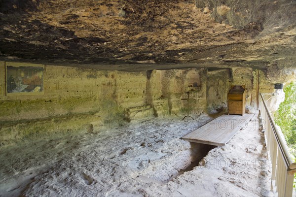 Interior view of a cave with frescoes and wooden structures, church, Aladja Monastery, Aladja