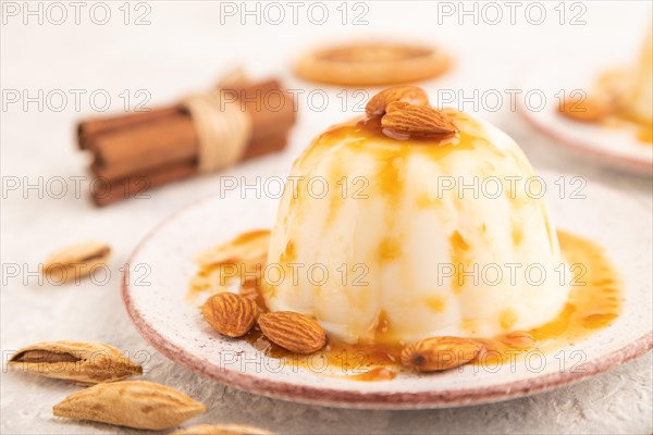 White milk jelly with caramel sauce on gray concrete background. side view, close up, selective