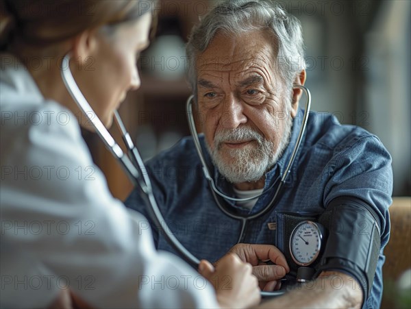 A man checks his blood pressure with a measuring device. Avoidance of bulk hypertension, scarcity,
