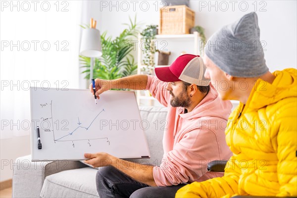 Disabled man learning economy from home with a particular teacher that uses a white board to draw a