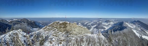 View over the first Jura chain with Belchenflueh in north direction and Black Forest, drone image,