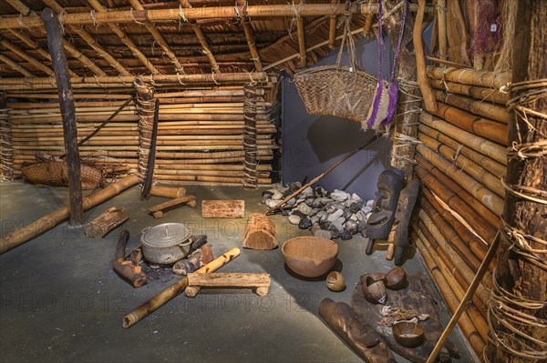 Replica of a South Sea hut, interior with fireplace, South Sea Collection, Obergünzburg, Allgäu,