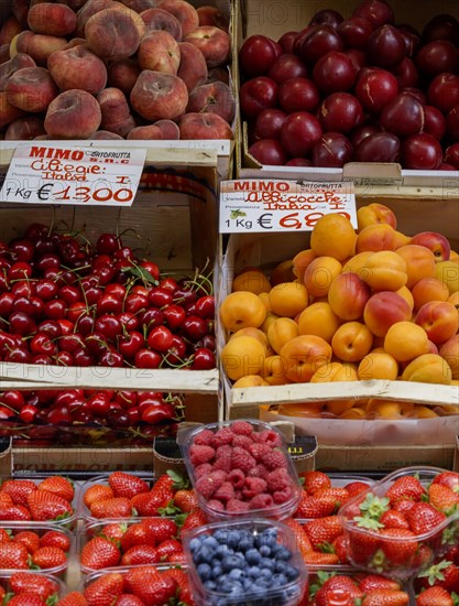 Stall with different types of fruit, Limone sul Garda, Lake Garda, Province of Brescia, Lombardy,