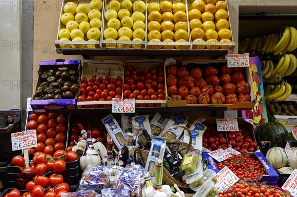 Range of different types of tomatoes and fruit, stand, Limone sul Garda, Lake Garda, Lombardy,