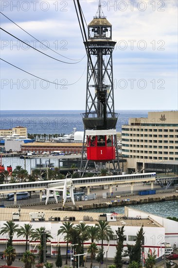 View from a red gondola, Teleferic de Montjuic cable car, Torre Jaume I, Port Vell, Barcelona,
