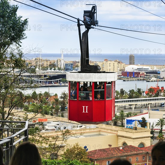 View from a red gondola, Teleferic de Montjuic cable car, Port Vell, Barcelona, Spain, Europe