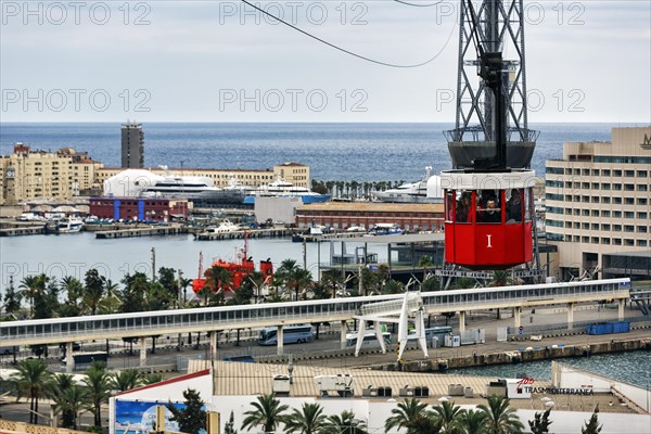 View from a red gondola, Teleferic de Montjuic cable car, Port Vell, Barcelona, Spain, Europe