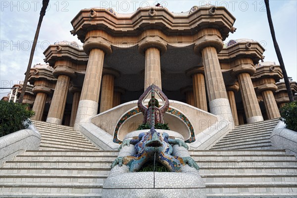 Empty dragon staircase, Staircase in Park Güell, Salamander El Drac, Mosaic, Dawn, Gracia,