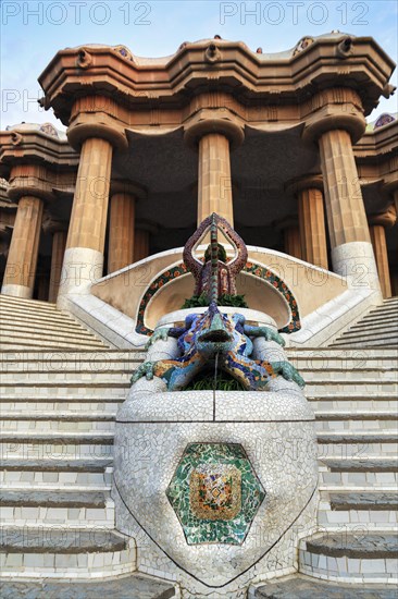 Empty dragon staircase, Staircase in Park Güell, Salamander El Drac, Mosaic, Dawn, Gracia,