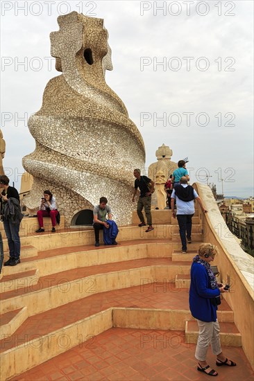 Tourist group, helical chimney in the Garden of Warriors, mosaic, roof terrace, museum, cultural