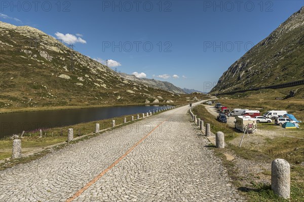 Gotthard Pass, campsite and old pass road with cobblestones, Canton Ticino, Switzerland, Europe