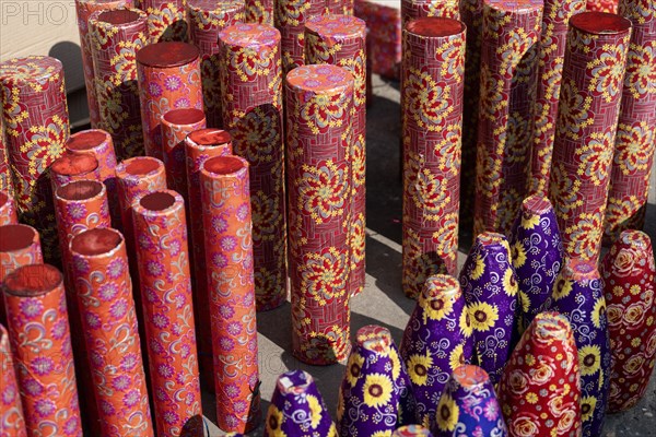 BARPETA, INDIA, NOVEMBER 7: Firecrackers displayed for sell at a stall for upcoming Diwali or