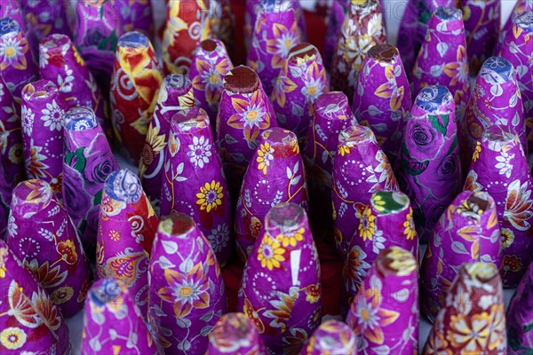 BARPETA, INDIA, NOVEMBER 7: Firecrackers displayed for sell at a stall for upcoming Diwali or