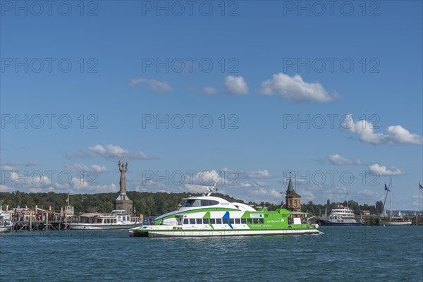 Constance at Lake Constance, harbour entrance, passenger ships, catamaran, lighthouse, statue