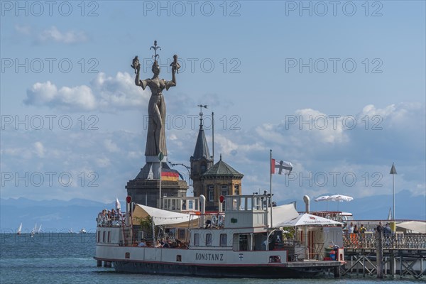 Constance on Lake Constance, harbour, restaurant ship, statue Imperia with emperor and pope, jetty,