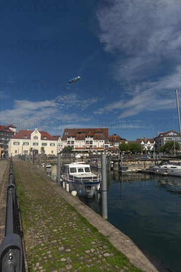 Langenargen on Lake Constance, townscape, harbour, boats, quay wall, zeppelin, Baden-Württemberg,
