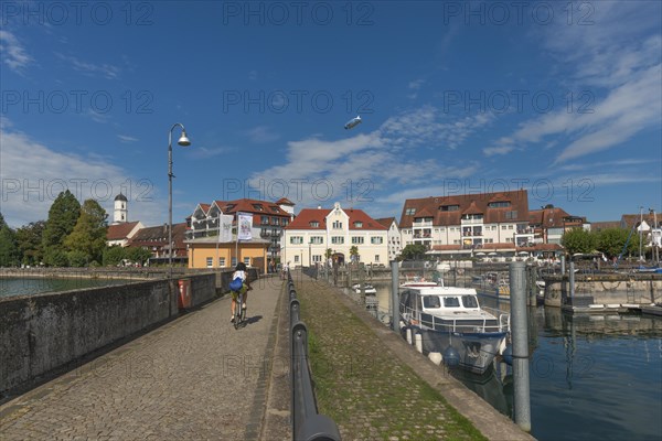 Langenargen on Lake Constance, townscape, harbour, boats, quay wall, St. Martin's Church, zeppelin,