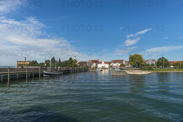 Langenargen on Lake Constance, townscape, harbour, cutter, quay wall, Baden-Württemberg, Germany,