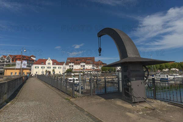 Langenargen on Lake Constance, townscape, harbour, historic crane, boats, quay wall,