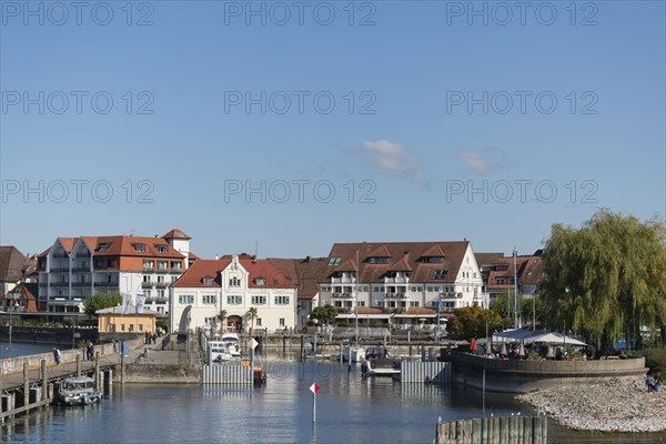 Langenargen on Lake Constance, townscape, harbour, boats, quay wall, restaurant, Baden-Württemberg,