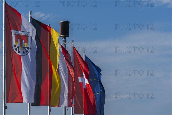 Kressbronn am Bodensee, flags, Germany, Austria, Switzerland, Europe, flagpole, blue sky,