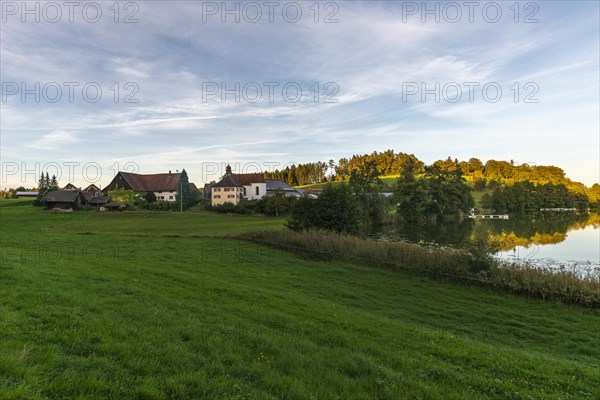 Kressbronn am Lake Constance, district Nitzenweiler, Hofgut Schleinsee, lakeside, chapel, pasture,