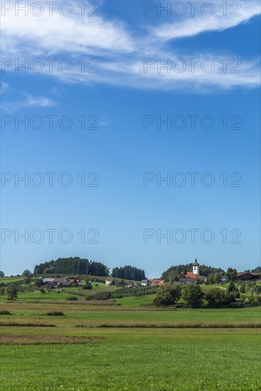 Lindau am Lake Constance, district Unterreitnau, parish church with onion dome, fields, forest,
