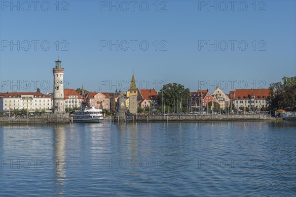 Lindau on Lake Constance, townscape, entrance to the harbour, new lighthouse, man tower, hotels,