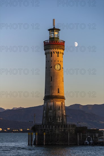 Lindau at Lake Constance, entrance to the harbour, new lighthouse, view of the Alps, half moon,