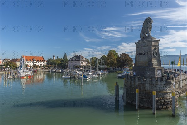 Lindau on Lake Constance, cityscape, entrance to the seaport, marina, Bavarian lion, pier, Bavaria,