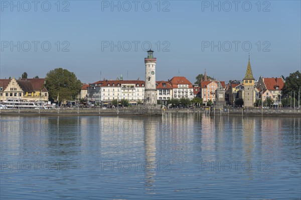 Lindau at Lake Constance, townscape, entrance to the harbour, new lighthouse, man tower, hotels,