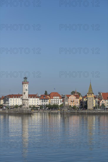 Lindau at Lake Constance, townscape, entrance to the harbour, new lighthouse, man tower, hotels,