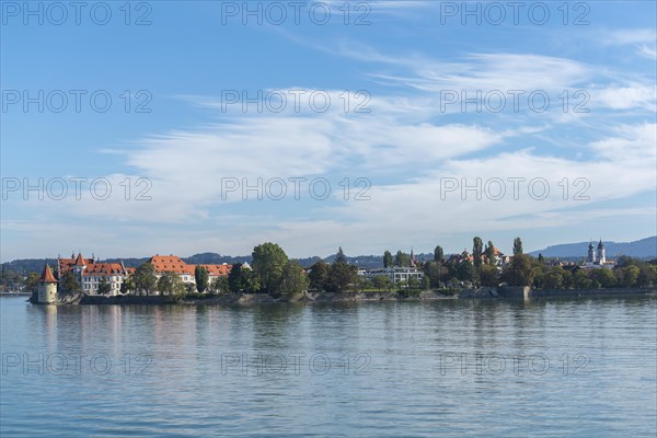 Lindau on Lake Constance, cityscape, panorama, powder tower, church tower, blue sky, Bavaria,