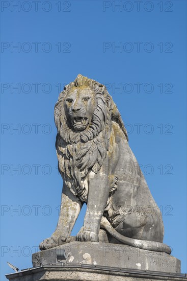 Lindau on Lake Constance, Bavarian lion at the seaport, landmark, Bavaria, Germany, Europe
