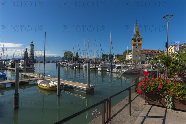 Lindau on Lake Constance, marina, jetty, new lighthouse, mang tower, flower box, Bavaria, Germany,