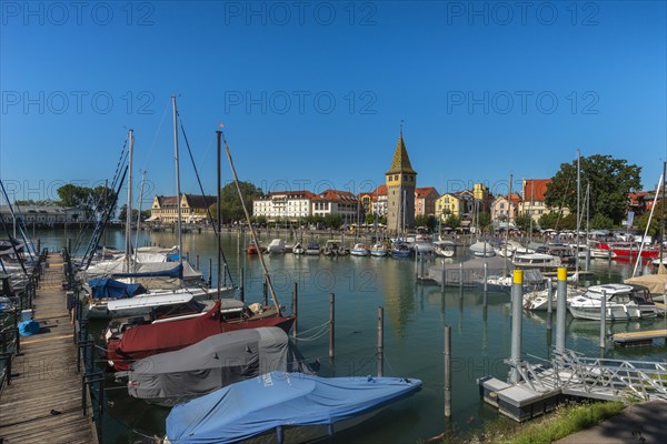 Lindau on Lake Constance, marina, jetty, new lighthouse, man tower, lakeside promenade, Bavaria,