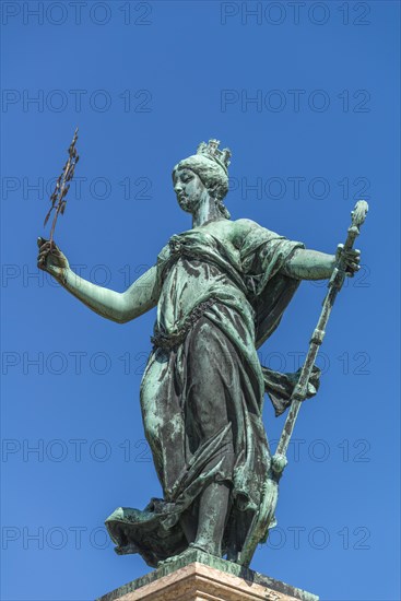 Lindau on Lake Constance, Lindavia fountain, Lindavia statue, town wall, crown, helm, blue sky,