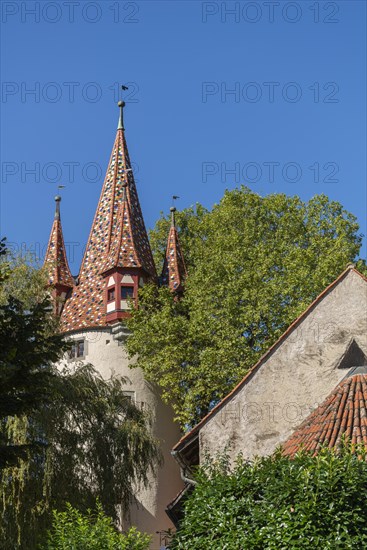 Lindau on Lake Constance, colourful thieves' tower, Romanesque St. Peter's Church, apse, exterior