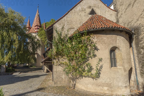 Lindau on Lake Constance, colourful thieves' tower, Romanesque St. Peter's Church, apse, exterior