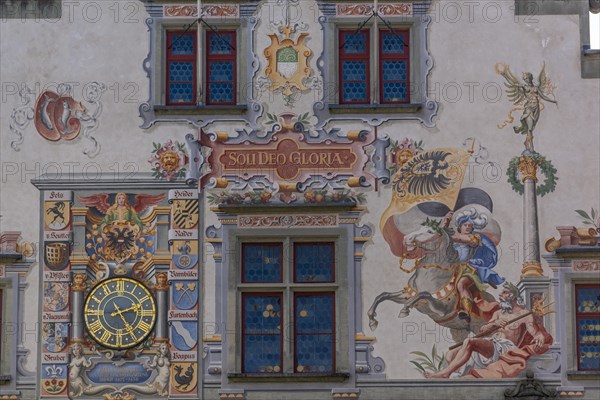 Lindau on Lake Constance, Old Town Hall, wall painting, clock, horseman, inscription, family coat