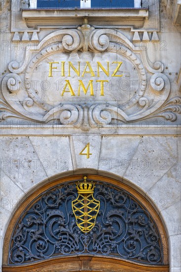 Lindau am Lake Constance, tax office, inscription, entrance, ornamentation, symbol, Bavaria,