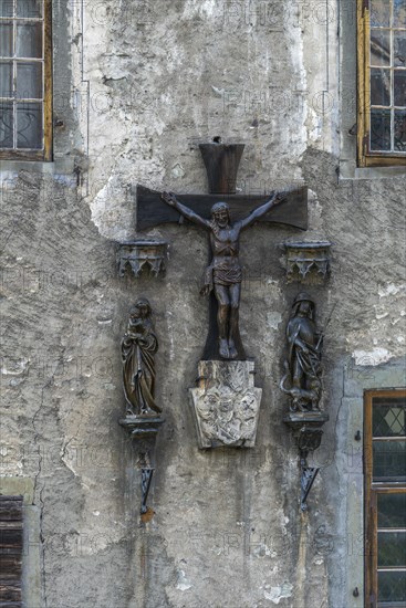 Meersburg on Lake Constance, Old Castle, residential castle, crucifixion scene above entrance,