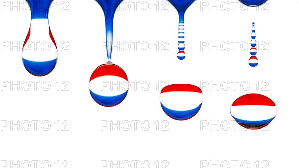 Macro shot of a drop of water dripping, the national flag of the netherlands is reflected in the