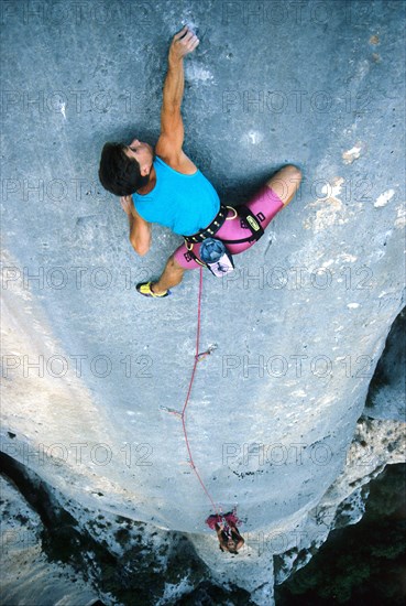 Christoph Bucher, a professional climber from the 1980s, climbs a 10th grade route in the Gorge du