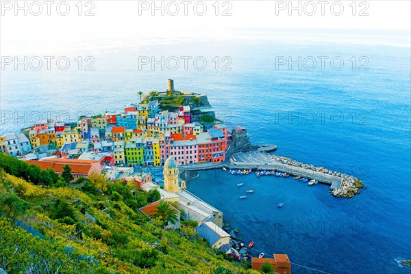 View of Vernazza in the early morning, with harbor, vineyards, colorful houses and blue