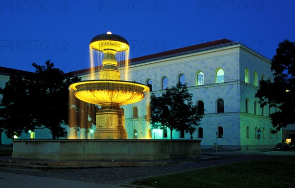 Östlicher Schalenbrunnen at Professor-Huber-Platz at dusk, blue hour, Munich, Bavaria, Germany,